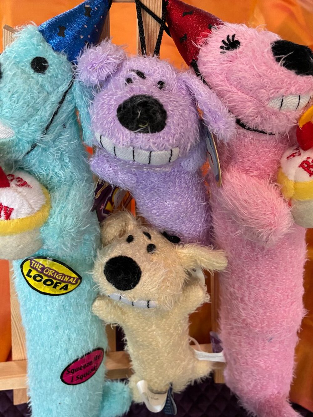 Family of birthday loofa dog toys. NWT
